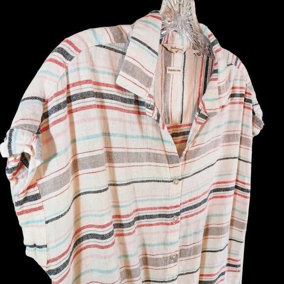 Weatherproof Vintage XS Linen Blend Tie Front Shirt Striped Button Up Pastel Sum - Picture 4 of 7